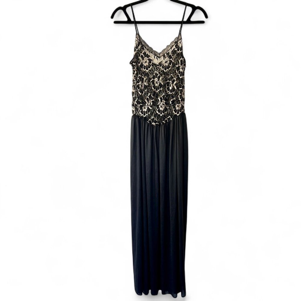 Vintage Sz S Floral Lace Bodice 1980’s Basque-Waist Metallic Maxi Slip Dress